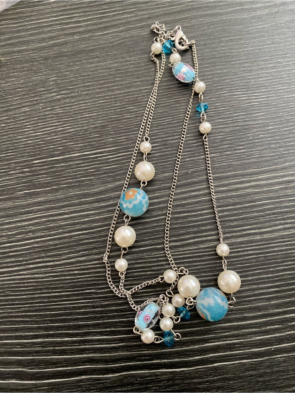 Blue Floral Bead and faux Pearl long silver Necklace